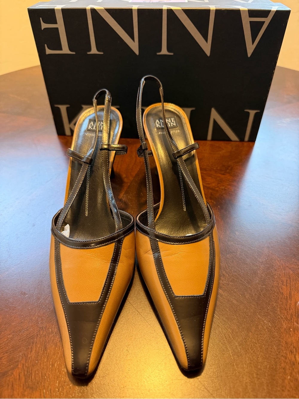 Anne Klein “Ally” Two-Toned Vicuna Leather Pointed-Toe Slingback Heels